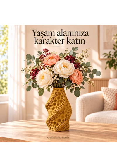 Dekoratif Vazo Burgu Formlu Taş Dokulu Modern Kuru Çiçeklik Altın