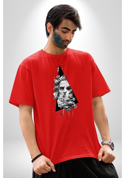 Poseidon Felsefe Pamuklu Bisiklet Yaka Unisex Oversize Boyfriend Dijital Baskılı Kırmızı T-shirt Kırmızı