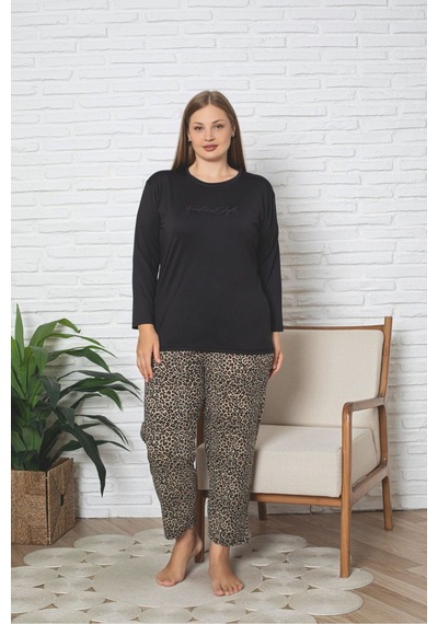 Büyük Beden Uzun Kollu Leopar Desen Milan Pijama Takımı Siyah Leopar