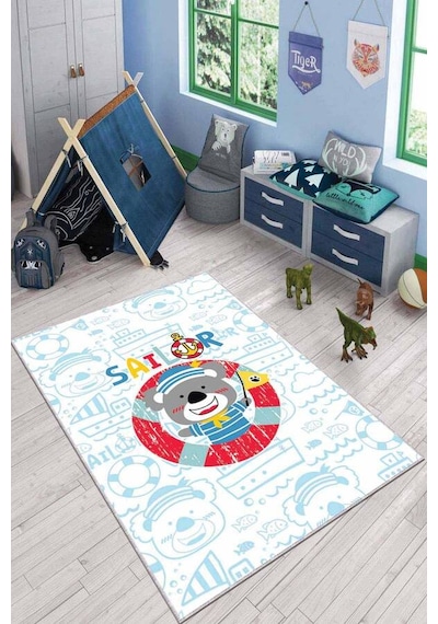 Mavi Kaymaz Tabanlı Yıkanabilen Denizci Bebek Halısı Ar031n11