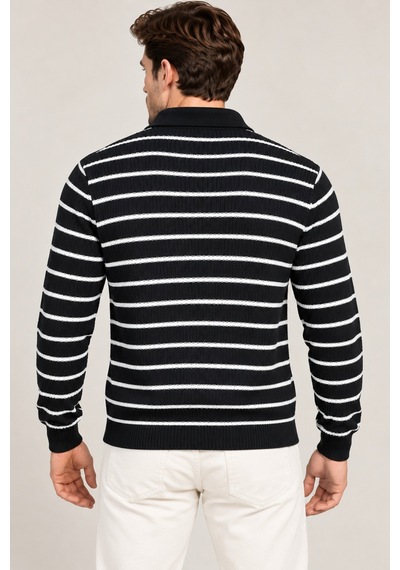 Erkek Çizgili Polo Yaka Triko Kazak Slim Fit Uzun Kollu Pamuk Akrilik Karışımlı Siyah