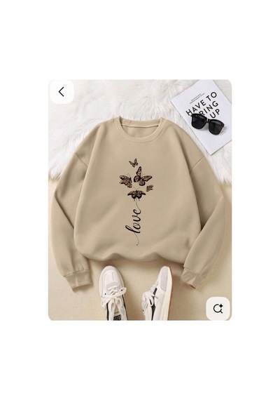 Herkesemoda Love Kelebek Baskılı 2 İplik Şardonlu Bisiklet Yaka Sweatshirt Bej