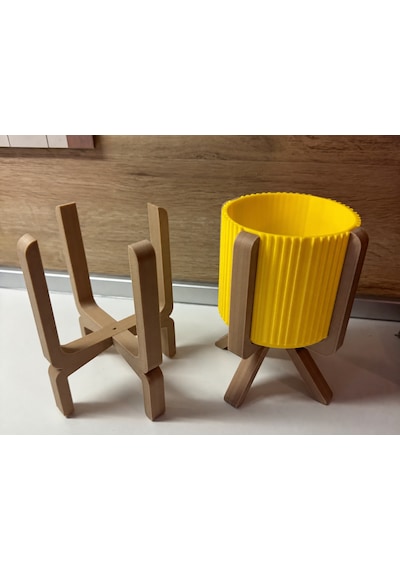 3d Baskı Ayaklı Çizgili Saksı - Bej Standlı Dekoratif Saksı - Sarı -