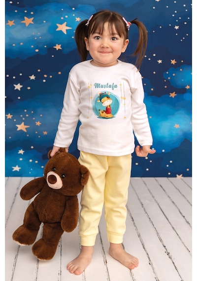 Pia Baby İsimli Erkek Çocuk Pijama Takımı %100 Pamuk Penye İsme Özel Baskılı Kişiselleştirilebilir Pijama Seti 20827s14pi Krem