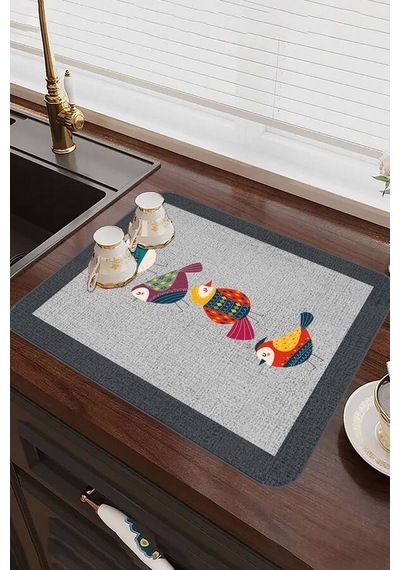 Gri Papağanlı Microfiber Bulaşık Kurutma Kurulama Matı Mm022n11