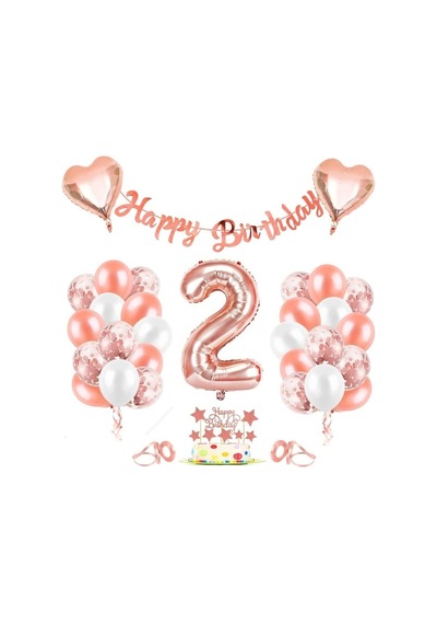 Rose Gold 2 Yaş Rakam Kalp Folyo Balon Konfetili Balon Seti Banne