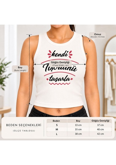 Bk Gift Kişiye Özel Kendin Tasarla Sıfır Kol Fitilli Crop Bluz - Esnek Likralı Günlük Crop Beyaz
