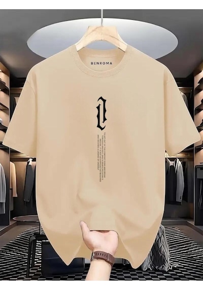 Dikey Yazı Baskılı Oversize Tişört Bej