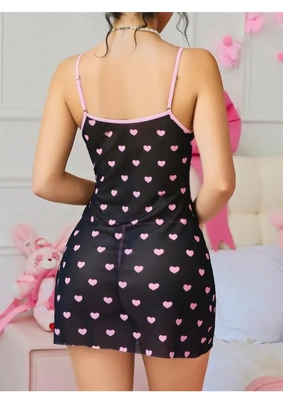 Ang Butik Kadın Siyah Desenli Dantel İşlemeli Gecelik