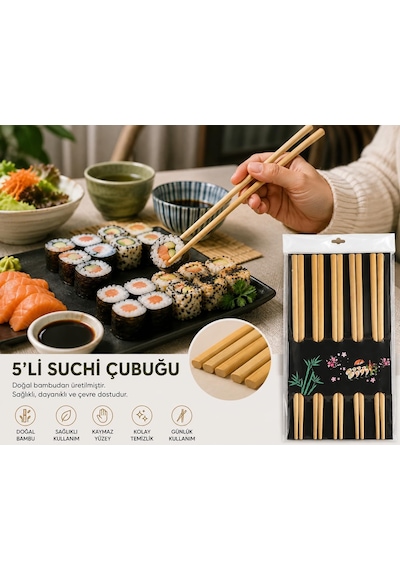 Bambu Yemek Çubuğu Seti, Sushi Ve Asya Mutfağı İçin, 5 Li Set10 Adet Diğer