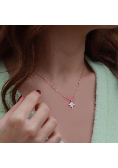 Kutup Yıldızı Figürlü Zirkon Taşlı Mine İşli Rose Gold Kaplama Gümüş Set Gümüş