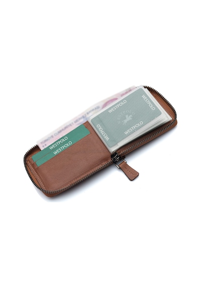 Westpolo Hakiki Deri Kağıt Para Ve Bol Şeffaf Kart Bölmeli, Fermuarlı Unisex Kartlık - 505 Taba