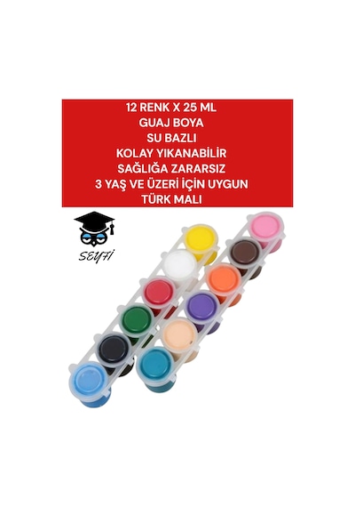 12 Renk X 25 Ml Guaj Boya Su Bazlı Kolay Yıkanabilir Sağlığa Zarar 3 Yaş Ve Üzeri İçin Uygun Çok Renkli
