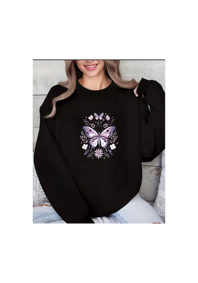Herkesemoda Mor Kelebekler Baskı Detaylı Bisiklet Yaka Sweatshirt Siyah