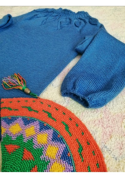 Kemzey Handmade Saks Mavisi Triko Elbise , Örgü Yaprak Desenli Midi Elbise Saks