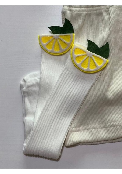 Özge Başaran Sevimli Limon Desenli Krem Renk Kız Çocuk Şortlu Takım Fiyonklu Saç Bandı Ve Çorap Krem