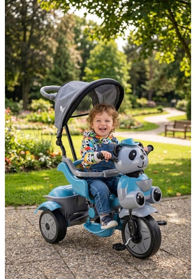 Babyhope Little Panda Ebeveyn Kontrollü Tenteli Müzikli 3 Teker Petrol Mavisi Çocuk Bisikleti