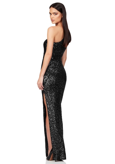 Hanife Glam Couture Tek Omuz Büzgü Detaylı Pulpayet Abiye Elbise Siyah