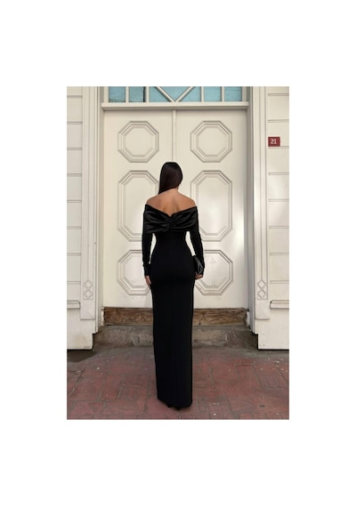 DefyModa Kadın Minimal Esnek Saten Kumaş Carmen Yaka Yırtmaçlı Abiye Elbise Siyah