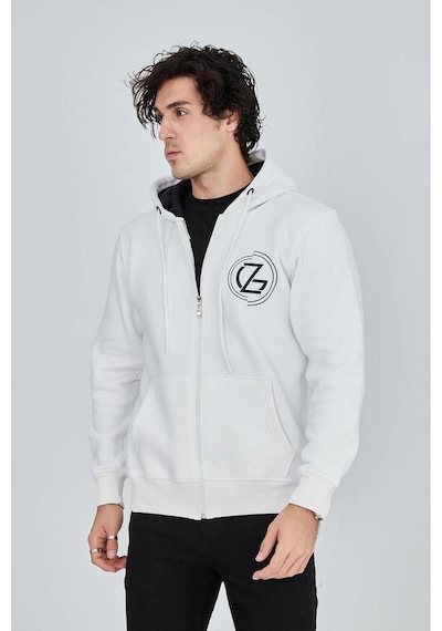 Erkek 3 İplik Pamuklu Fermuarlı Kapüşonlu Kanguru Cepli Baskılı Hoodie - Beyaz