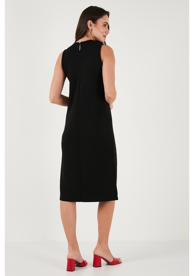 Lela Regular Fit Bisiklet Yaka Yırtmaç Detaylı Basic Midi Bayan Elbise 5866160 Siyah