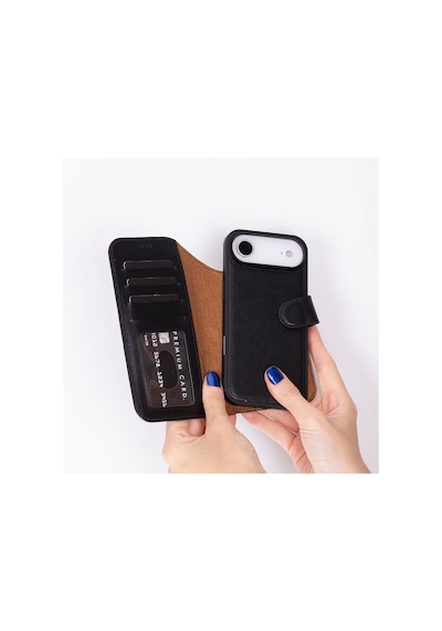 Bloomcase Magic Wallet Crimson Red Hakiki Deri Apple Uyumlu iPhone 17 Air 6.5" Cüzdanlı Telefon Kılıfı Kırmızı