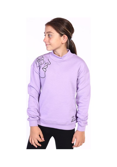 Toontoy Kız Çocuk Nakışlı Taş İşlemeli Balıkçı Yaka Sweatshirt Lila