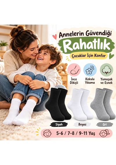 Bezos Çocuk Spor Çorap 3'lü Set Siyah Beyaz Gri İnce Dikişli Kokulu Yıkama Yumuşak Esnek Günlük Çorap Seti Agc Çok Renkli