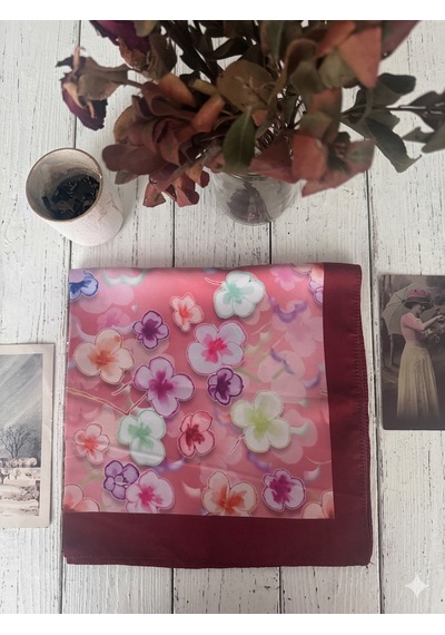 Trend Dokunuş Kadın 50-50 Saten Çiçek Bahçesi Fular Bandana Bordo - Pembe