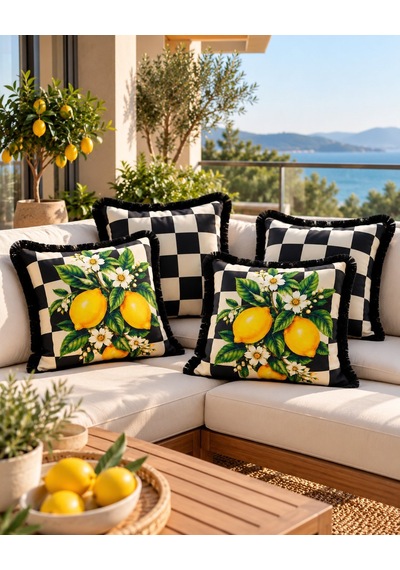 Damalı Limon Desenli 4 Lü Saçaklı Kırlent Kılıfı 45 x 45