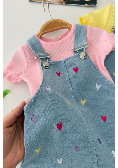 Miniğimin Cicileri Renkli Kalp İşleme Detaylı Kız Bebek Jile Takım Pembe