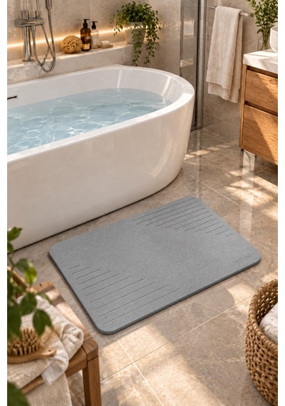 Düz Çizgi Model Banyo Paspası Su Emici Paspas Diatomite Mat Abdest Paspası Duşakabin Önü Banyo Matı Lavabo Önü Paspas gri