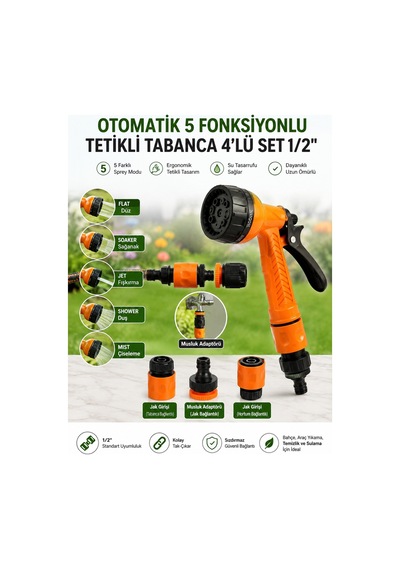 Otomatik 5 Fonksiyonlu Tetikli Bahçe Sulama Tabancası 4'lü Set 1/2" Musluk Adaptörü + 2 Adet Jak Girişi Bahçe, Araç Ve Temizlik İçin