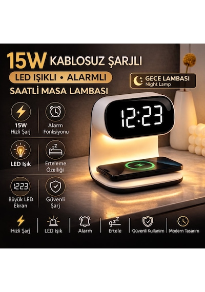 Polham 15w Kablosuz Şarjlı Led Masa Lambası Saat Alarm Özellikli Dijital Saat Gece Lambası Led Ekran Beyaz