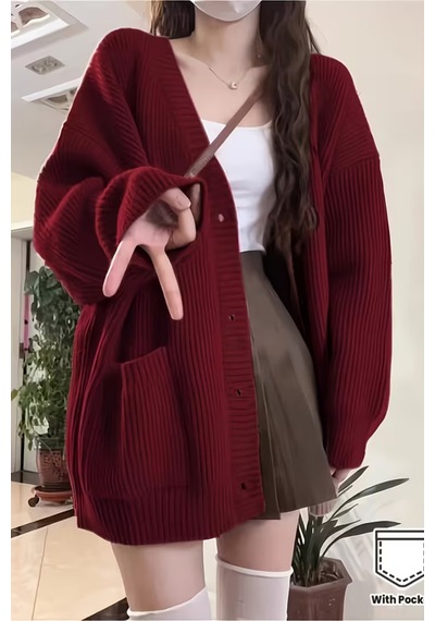 Kadın Oversize Cepli Düğmeli V Yaka Triko Hırka Bordo