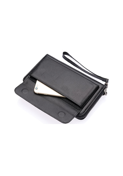 Westpolo Daisy Unisex Hakiki Deri Kağıt Para Ve Telefon Bölmeli Uzun Cüzdan, El Portföyü - Siyah Siyah