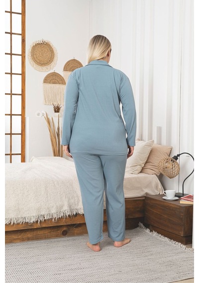 Büyük Beden Boydan Düğmeli Kaşkorse Kumaş Pijama Takımı Mavi