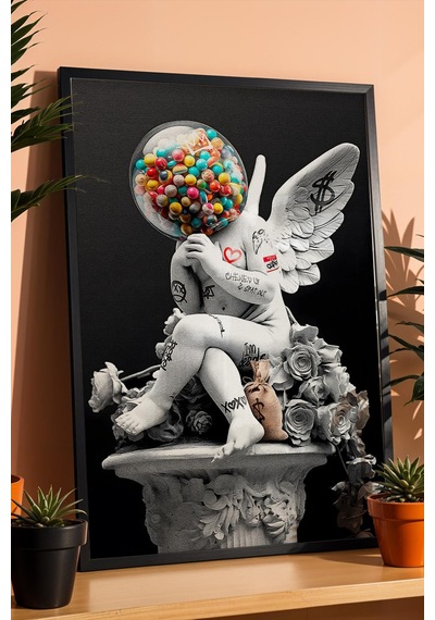 Pop Art Cupido Eros Melek Heykeli Grafiti Çerçeveli Tablo Sokak Sanatı Ofis İş Yeri Dekoru Modifiye Sanat