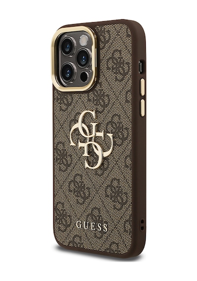 Apple Uyumlu iPhone 13 Pro Max Kılıf Guess Lisanslı Metal 4g Ve Yazı Logolu Kamera Standlı Kapak Kahve