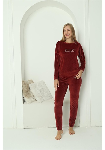 Akbeniz Kadın Kadife Bordo Pijama Takım 20624 - S Bordo