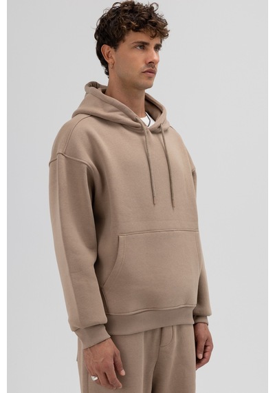 Vamos Basic Oversize Kapüşonlu Sweatshirt Vizon