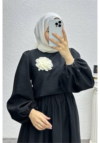 Dip Moda Kadın Çiçek Detaylı Etekli Tesettür Takım Dpnms004 Siyah