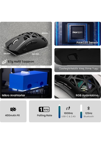 Aula Sc620 Paw3311 Sensör 12000 Dpı 1000hz Kablolu Ve Kablosuz Gaming Oyuncu Mouse Siyah Sc620
