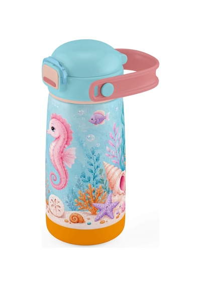 Puccon Mor Turkuaz Denizatı Baskılı Kız Çocuk 420 Ml Çelik Matara/suluk/termos - 60025 Pembe - Mavi