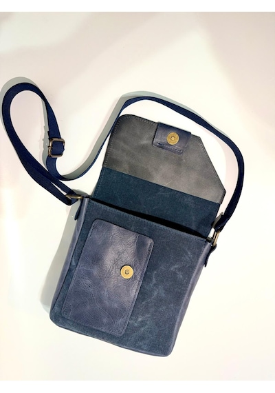 Natderi Hakiki Deri Ve Kanvas Omuz Çantası 20x21 Cm Ayarlanabilir Askılı, Ön Cepli Unisex Günlük Çanta Lacivert
