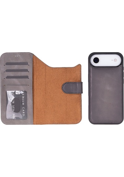 Bloomcase Magic Wallet Ash Mist Gray Hakiki Deri Apple Uyumlu iPhone 17 Air 6.5" Cüzdanlı Telefon Kılıfı Gri