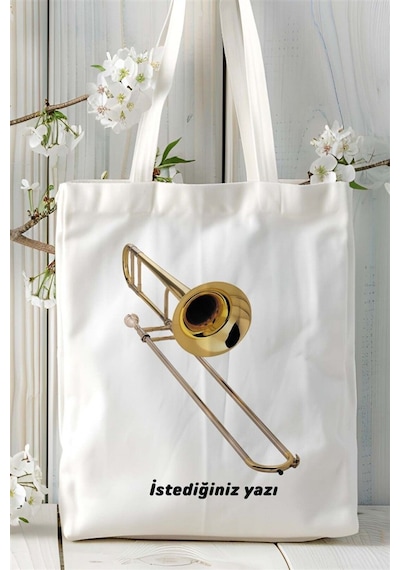 Art Hediye Trombon Baskılı Bez Çanta Kişiye Özel Model 2 Çok Renkli