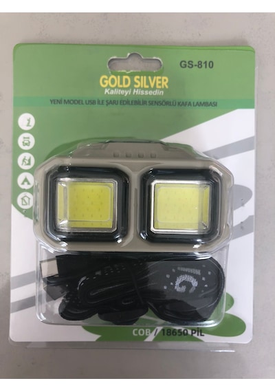 Şarjlı Sensörlü Ledli Kafa Lambası Cob/18650 Pil Gold Silver