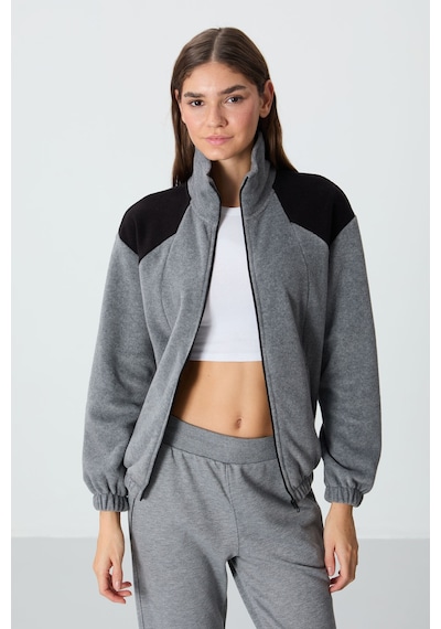 Tommy Life Gri Melanj Kalın Yumuşak Dokulu Dik Yaka Oversize Nakışlı Polar Kadın Sweatshirt - 97293 Gri Melanj