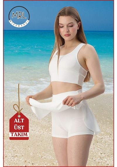 Missmaral Kadın Alt-üst Takım Şort & Crop Denizde Havuzda Sporda Casual/ Günlük Kullanım Ekru Tk3107 Ekru